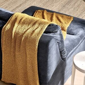 Simons Maison NWT Fringe Ochre Gold Waffle Knit Throw Blanket Scarf